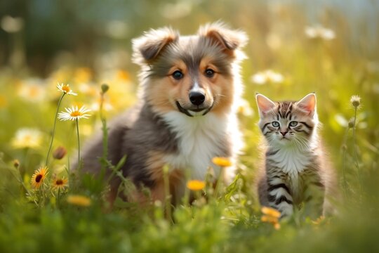 Cute Puppy and Kitten in Field Image. Generative AI