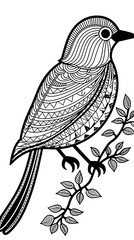 Here is an image generated by AI in a minimalist black and white coloring book style, depicting a simple little bird using doodles with thick and thin lines and circles. The background is white with n