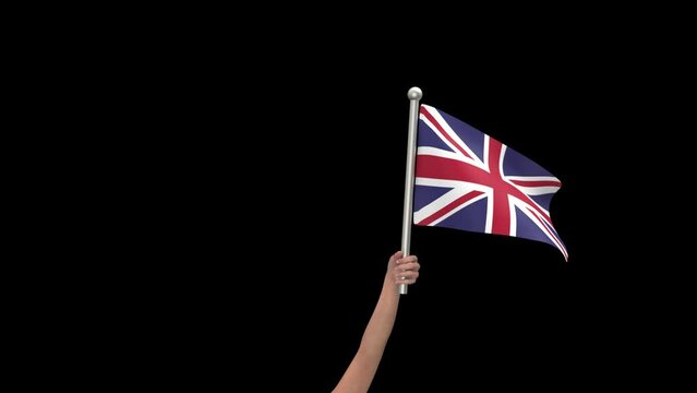 Flag of United Kingdom waving in hand - 3d render looped with alpha channel.