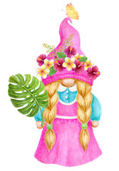 Gnome girl with summer tropical flowers and monstera palm leaf. Birthday card design. Watercolor drawing. Garden cute gnomes clipart.