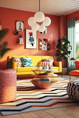 A modern retro-style living room with a vibrant color palette and bold geometric patterns, creating a dynamic and visually striking interior. Generative AI