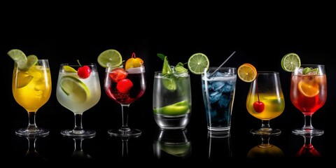 Set of various cocktails, black background. Created with generative AI technology.
