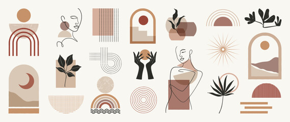 Fototapeta na wymiar Hand drawn abstract minimal element mid century vector set. Aesthetic contemporary stripe line art, watercolor geometric shapes, women in earth tone. Design for wall art, decoration, wallpaper.