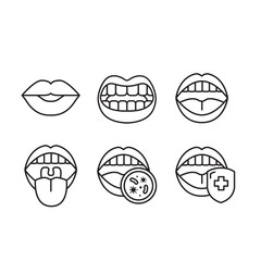 Mouth, teeth, oral cavity, lips line icon set of vector