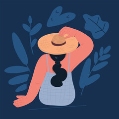 Cartoon vector illustration of woman spending her vacation on beach wears heat.
