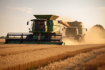 Fototapeta premium Harvesting wheat with a combine harvester on a sunny summer day. Generative AI