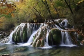 Fototapeta na wymiar Beautiful waterfall in the autumn forest. Generative AI