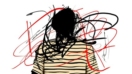 Illustrated concept of depression, abstract symbolism. Empty face signifying the loss of identity or feelings of emptiness. Swirling scribble line symbolizing the chaotic thoughts. Generative AI