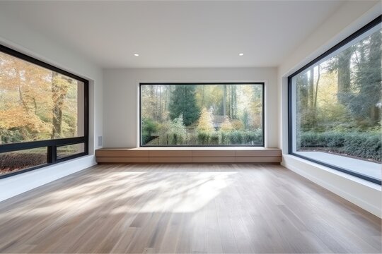 Empty room of the house with large panoramic windows overlooking the forest. Generative AI