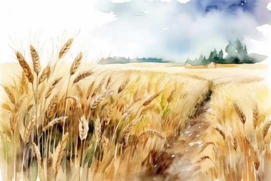 Wheat field watercolor illustration. Generative AI