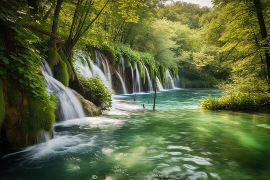 Illustration of waterfalls with clear water in the forest or park. Generative AI