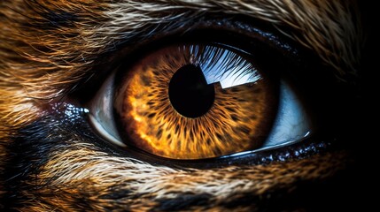 The close-up of the intense tiger's eyes, with their yellow color, AI generative