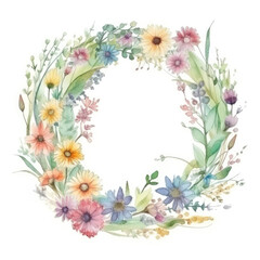 Wildflowers Wreath, Watercolor. Floral circle frame with abstract wildflowers, branches and leaves, isolated on white background, copy space. Generative ai illustration in watercolor style