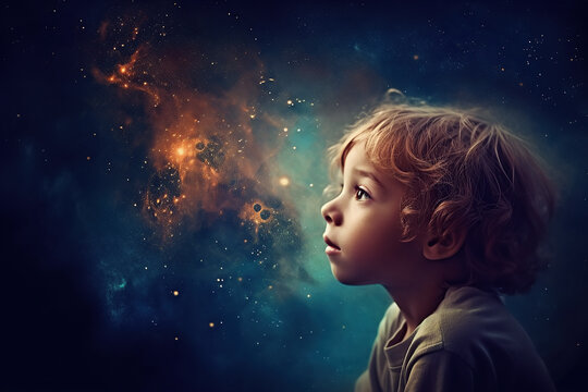 sleppy child baby in dream at night dreams of space with stars. Generative AI illustration