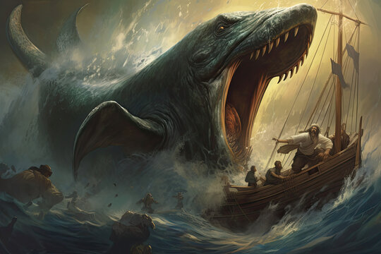 Jonah and the whale Bible religious story illustration, generated ai, generated, ai