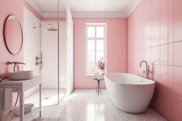 Fototapeta na wymiar Pink and white bathroom interior with shower. Modern bright clean bathroom. Generative AI