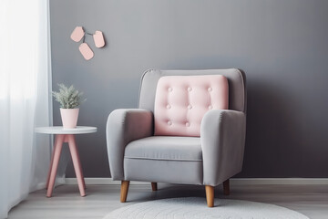 Minimalistic baby room interior. Pink and gray nursery interior. Young family home. Generative AI