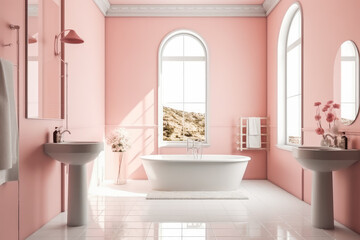Pink and white bathroom interior with shower. Modern bright clean bathroom. Generative AI