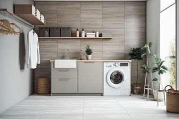 Grey laundry room sink washing machine. Minimalistic design interior of modern house. Generative AI - obrazy, fototapety, plakaty