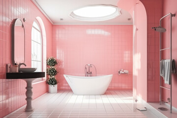 Naklejka na ściany i meble Pink and white bathroom interior with shower. Modern bright clean bathroom. Generative AI