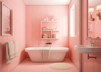 Naklejka na ściany i meble Pink and white bathroom interior with shower. Modern bright clean bathroom. Generative AI