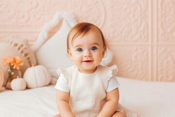 Adorable baby white outfit in nursery. Pastel pink background baby portrait. Generative AI - obrazy, fototapety, plakaty