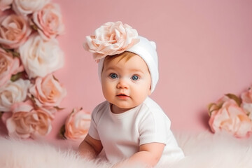 Adorable baby white outfit in nursery. Pastel pink background baby portrait. Generative AI