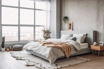 Cozy bedroom with comfortable bed in modern studio apartment 3d render. Wooden floors and white walls big bedroom with window. Generative AI