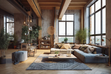 Interior new loft ethnic furniture living room. Bohemian style modern cosy living room architecture. Generative AI