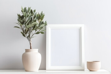 Mock up of picture canvas frame with small plants in vase in background. Generative AI