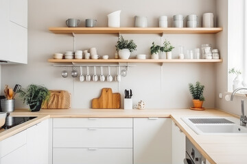Fototapeta na wymiar Modern stylish scandinavian style kitchen interior with appliances. Generative AI