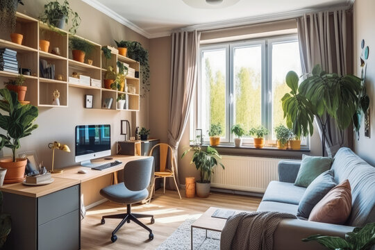 Interior of small apartment living room for home office. Modern bright interior with desk and greenery plants. Generative AI