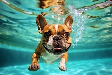 French Bulldog Swimming Image. Generative AI - obrazy, fototapety, plakaty