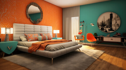 Fototapeta na wymiar A stylish retro-themed bedroom with a modern twist, featuring sleek furniture, clean lines, and retro-inspired patterns and accents. Generative AI