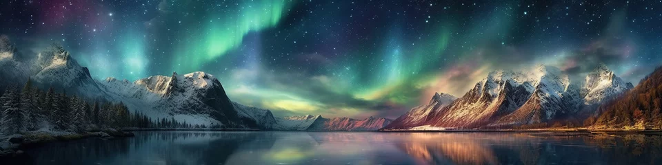 Foto auf Alu-Dibond panorama with northern lights in night starry sky against background of mountains and lakes. Generative AI illustration © alexkoral