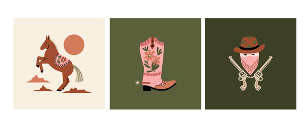 Wild west cards. Western print or posters, American cowboy portrait with guns. Horse in desert, rodeo boots with flowers. Contemporary art decor. Vintage texas style vector cartoon flat isolated set