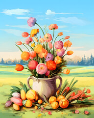 Obraz na płótnie Canvas Minimalist Art Spring life field landscape with a bouquet of flowers