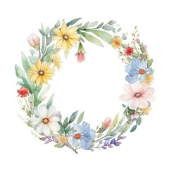 Wildflowers Wreath, Watercolor. Floral circle frame with abstract wildflowers and herbs on white background. Generative ai illustration in watercolor style