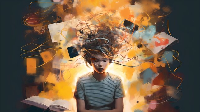 A vivid representation of the ADHD concept, highlighting elements of focus, distraction, and brain functioning. The image encompasses the complex nature of this cognitive condition. Generative AI