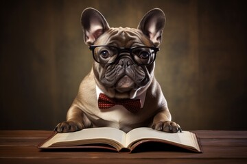 French Bulldog Wearing Reading Glasses Image. Generative AI