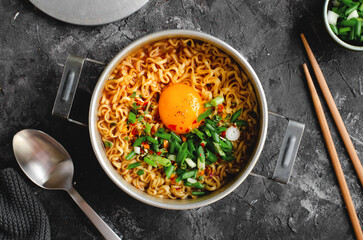 Korean Style Instant Noodles, Shin Ramyeon or Ramyun with Egg, Scallion and Broth, Noodle Soup