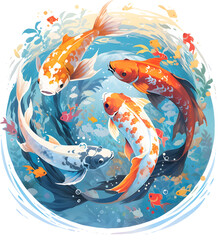 A piece of artwork featuring three fish and some leaves, created in the style of circular shapes with vibrant animations and a strip painting technique. It predominantly uses deep cyan and white color