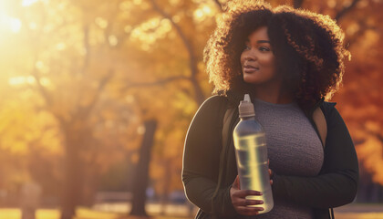 Image of plus size woman with water in park - obrazy, fototapety, plakaty