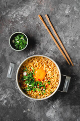 Korean Style Instant Noodles, Shin Ramyeon or Ramyun with Egg, Scallion and Broth, Noodle Soup