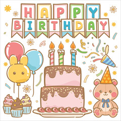 Happy birthday, cake, balloon, teddy bear, cupcake, confetti