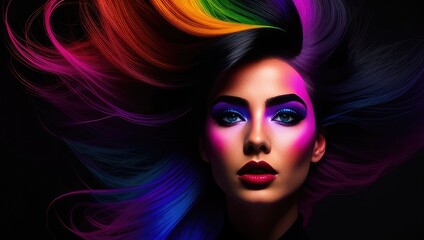 Obraz premium Beauty digital art portrait of color haired young woman with makeup and long hair in neon colors. Closeup portrait banner on black background. Generative AI