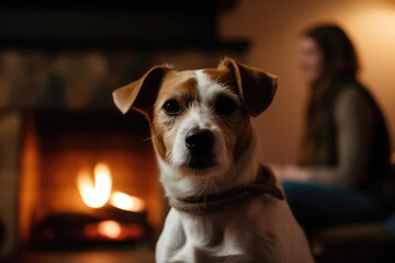 Dog With Defocused Fireplace And Woman With Cup In The Background. Generative AI