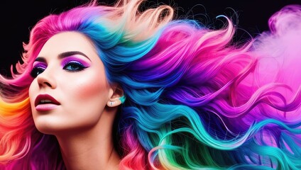 Fototapeta premium Beauty digital art portrait of color haired young woman with makeup and long hair in neon colors. Closeup portrait banner on black background. Generative AI