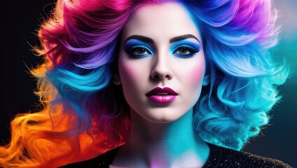 Obraz na płótnie Canvas Beauty portrait of color haired young woman with makeup and long hair in neon colors. Closeup portrait banner on black background. Generative AI