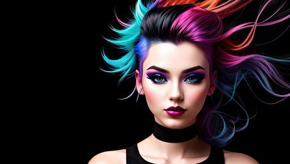 Digital art of color haired young woman with makeup and long hair in neon colors. Closeup portrait banner on black background. Generative AI